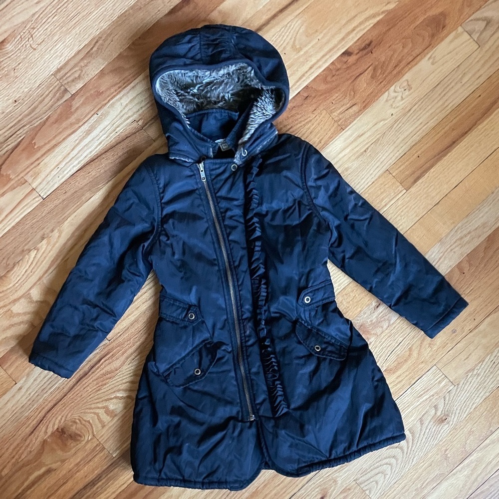 Black Long Coat with Detachable Hood Girls Size 6